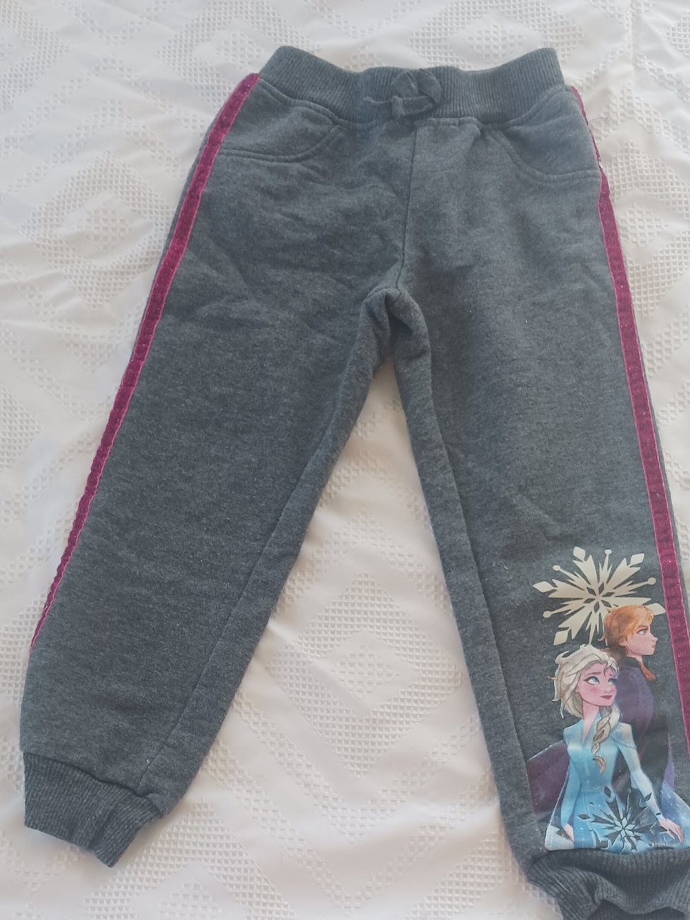 Frozen Disney Girl's Grey Jogger Pants with Pink Double Side Stripes